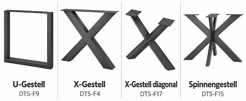 TPT HARZTISCH Tischgestelle aus schwarzem Metall – U-Gestell, X-Gestell, diagonales X-Gestell und Spinnengestell